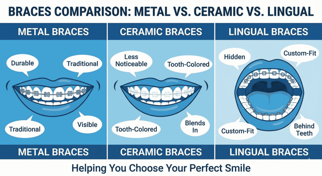 Types of braces for teeth alignment.