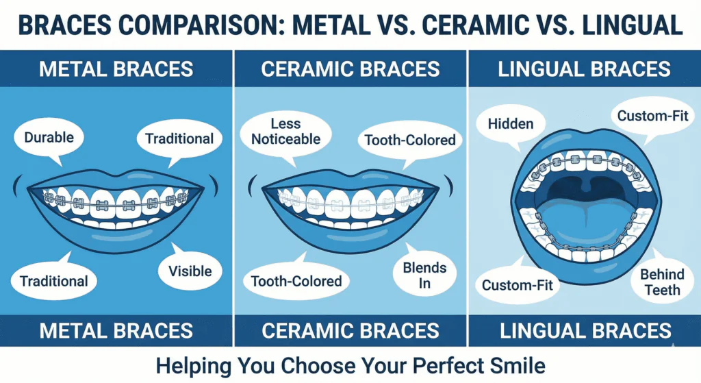 Types of braces for teeth alignment.