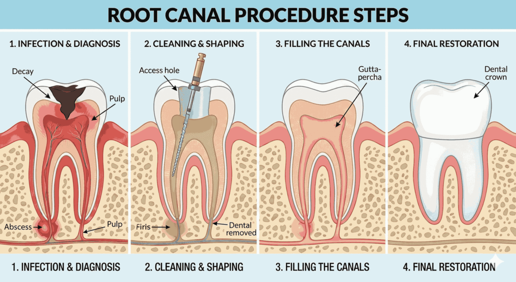 Root canal procedure steps diagram.