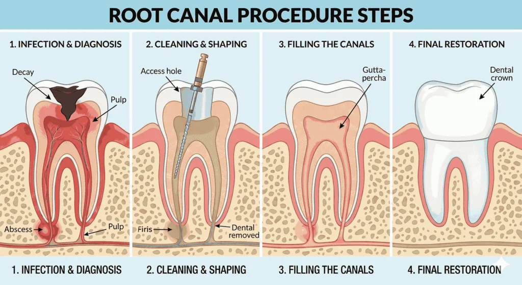 Root canal procedure steps diagram.