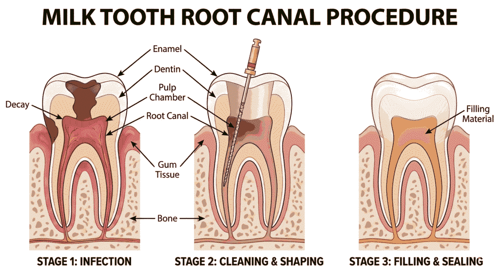 Root canal for milk tooth illustration.