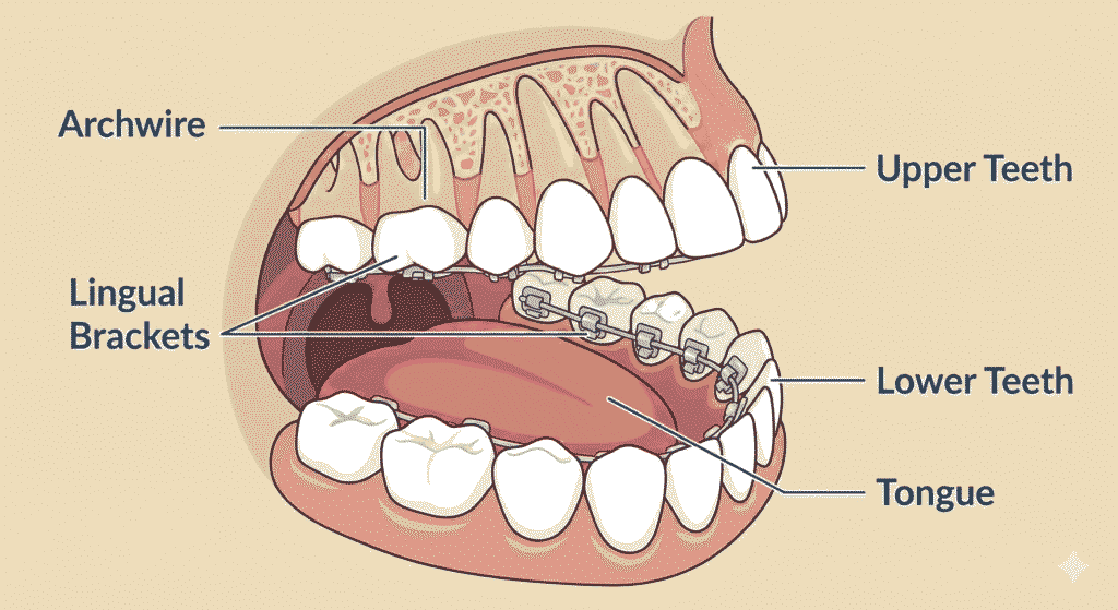 Lingual braces hidden behind teeth.