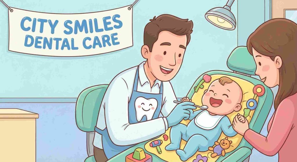 Pediatric dentist in South Kolkata checking child’s teeth.