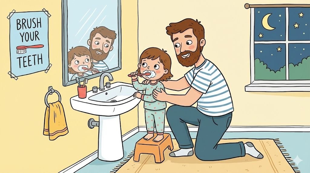 helping child while brushing