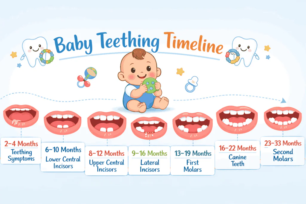  baby teething timeline showing first teeth eruption
