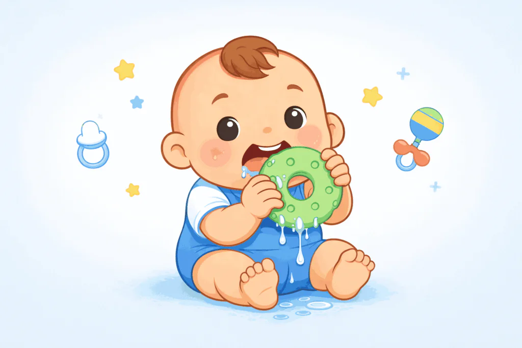  normal teething symptoms in babies such as drooling and gum irritation
