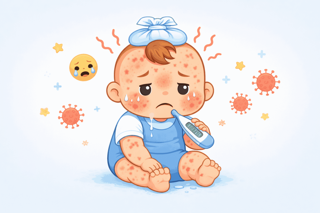 abnormal teething symptoms in babies including fever and rash