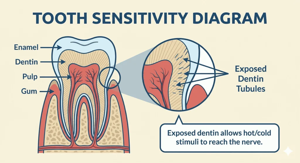 tooth sensitivity diagram showing exposed dentin and nerve reaction
