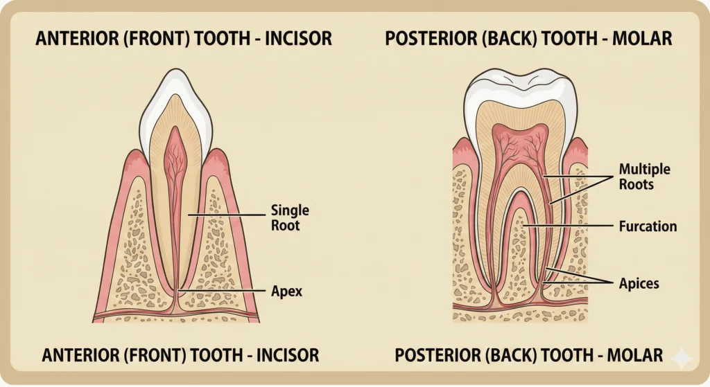 root structure difference between front tooth and molar