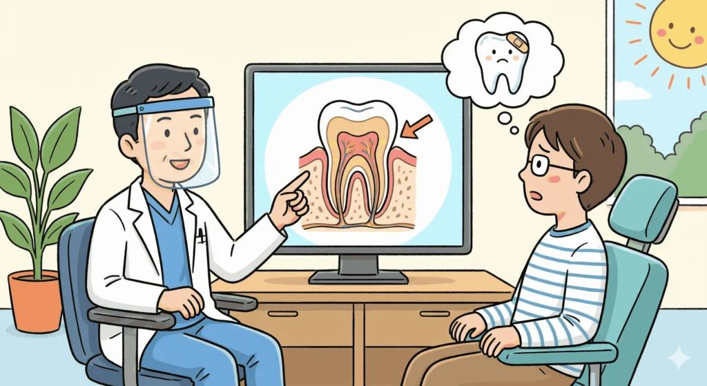 dentist explaining root canal for front and back teeth