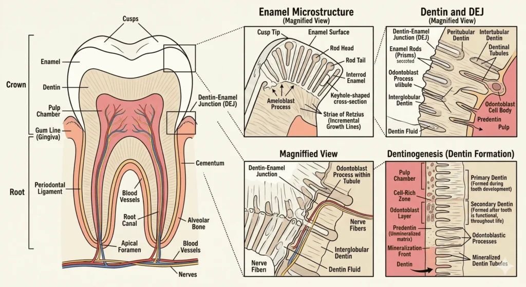 Enamel and dentin layers causing yellow appearance in teeth
