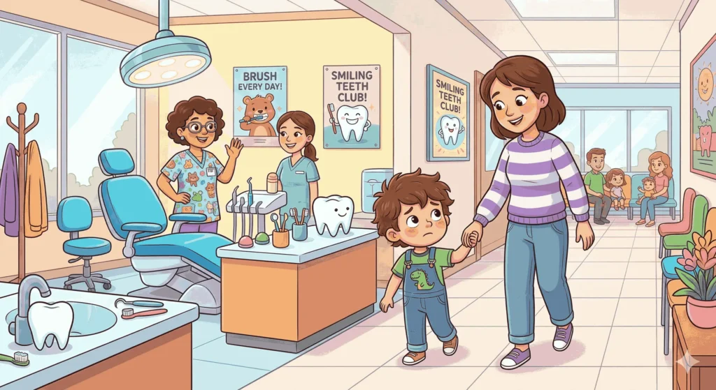 child afraid of dentist holding parent hand
