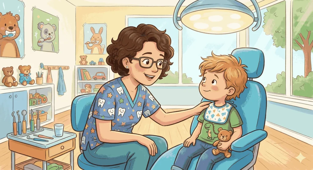  pediatric dentist comforting anxious child
